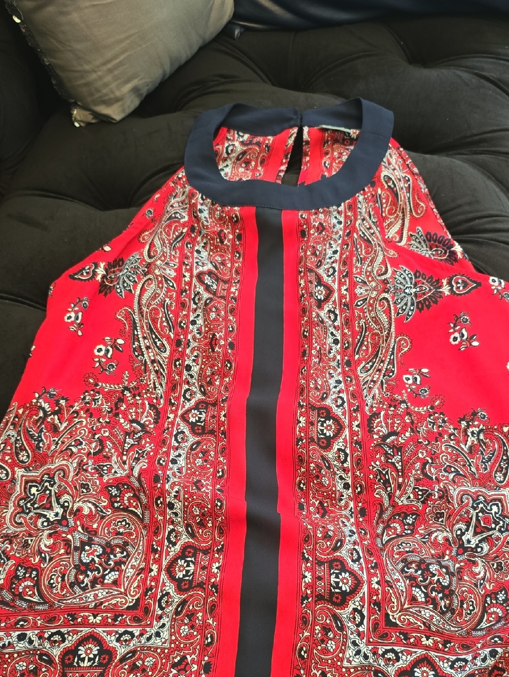 Soho Red Paisley Halter Blouse with Navy Trim